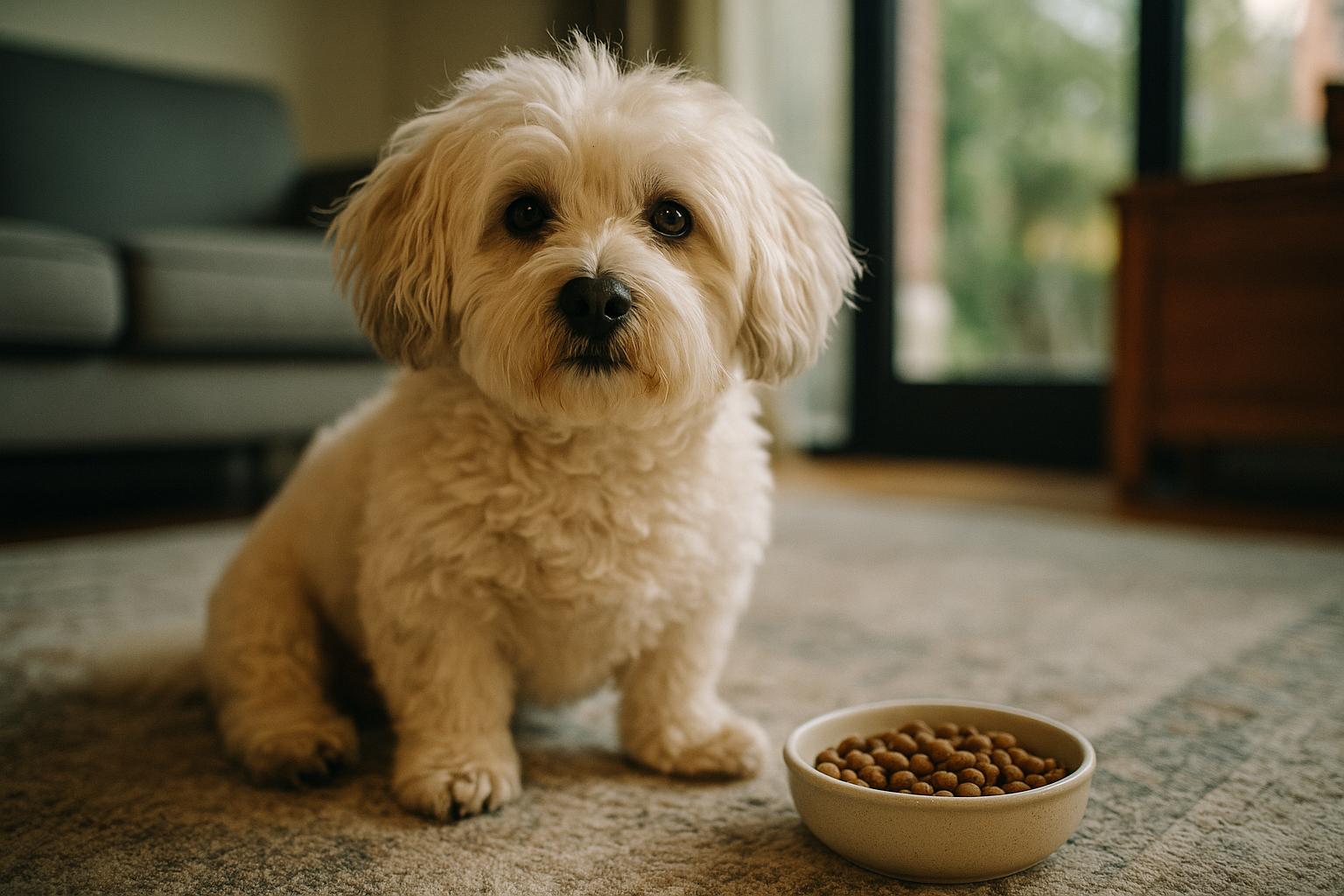 Havanese-bichon mix sitting beside a bowl of kibble in natural window light, documentary-style photograph