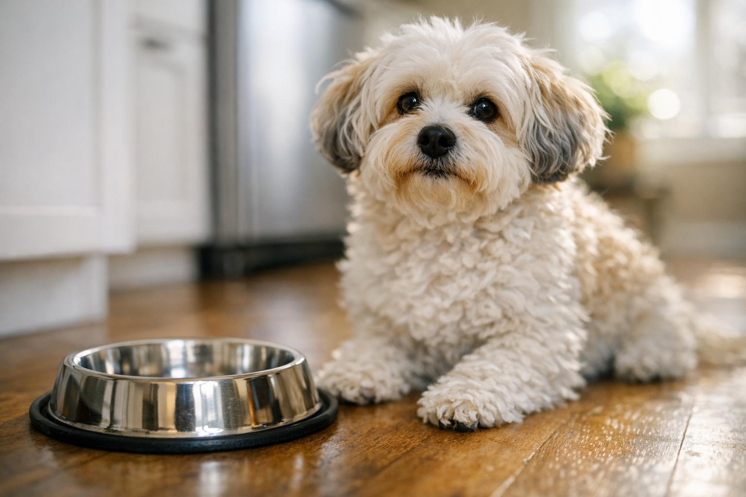 Six-year-old Havanese and bichon frise mix waiting by a dog bowl in a sunlit kitchen