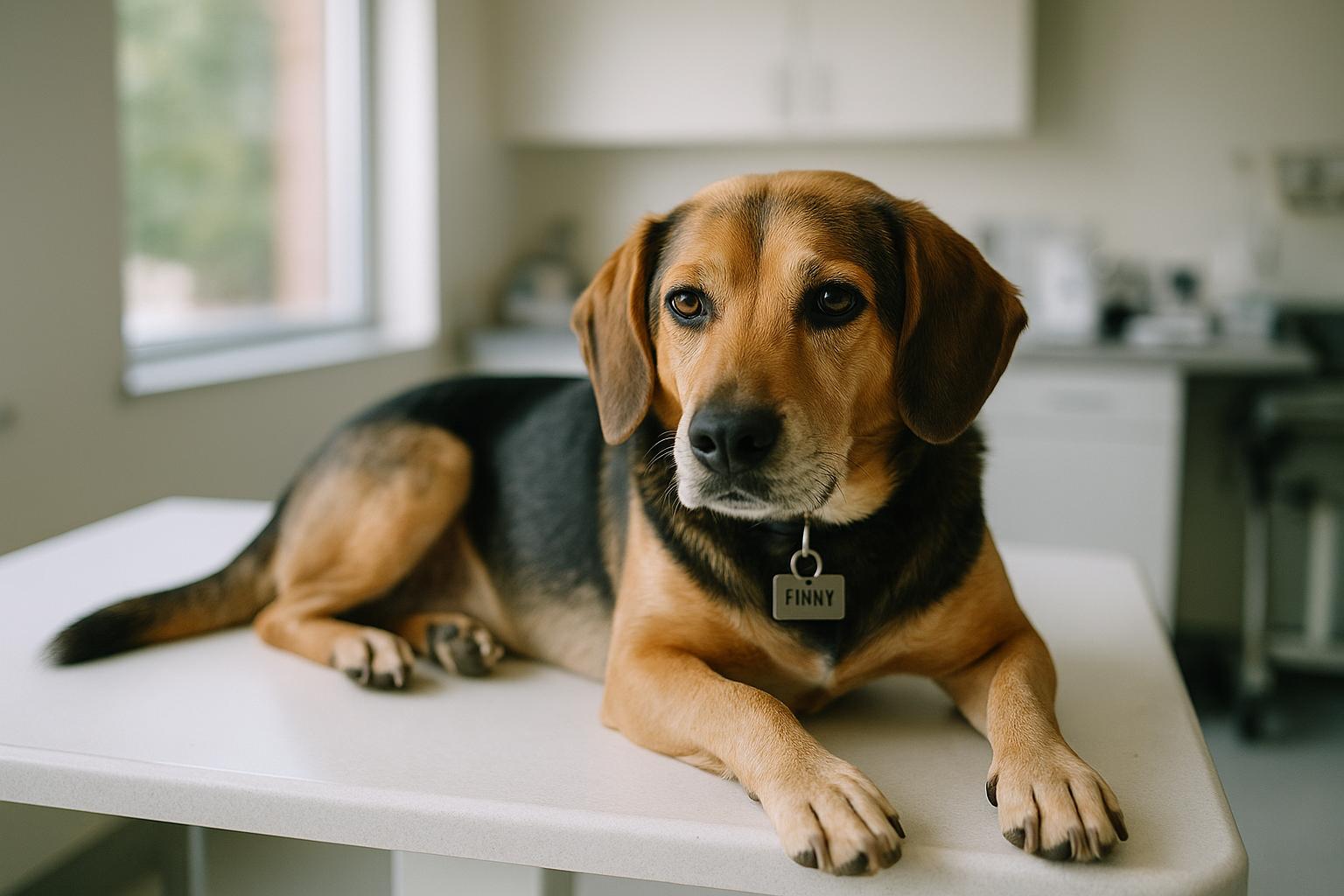 An adult dog representing 'Finny' sitting calmly on a veterinary examination table in a clinic.
