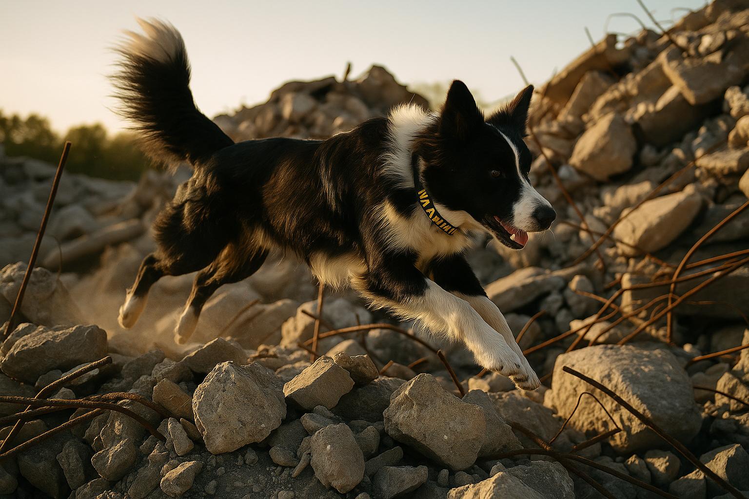 Border collie leaping across rubble during search-and-rescue training