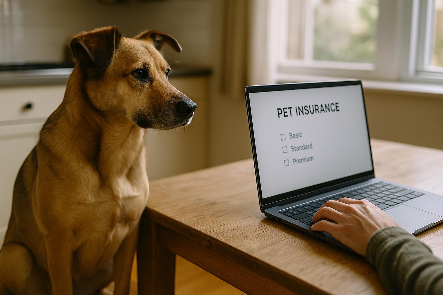 Owner at kitchen table reviewing pet insurance on a laptop while a medium-sized dog sits at their feet