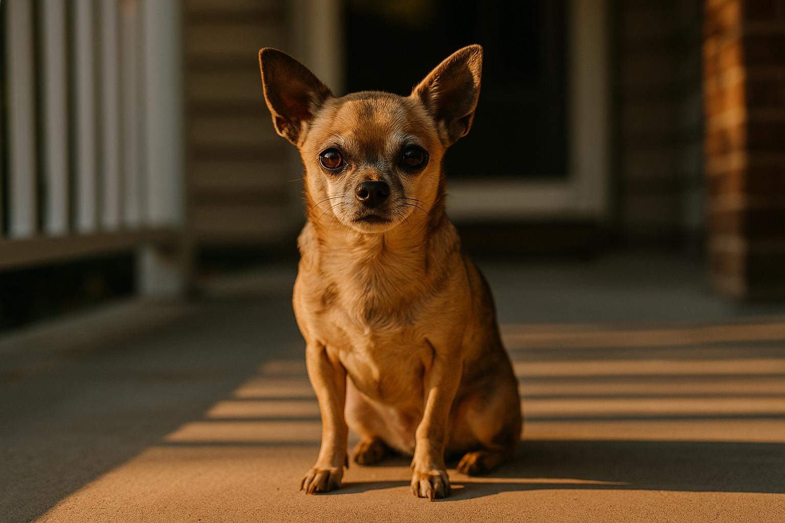 A chihuahua sitting on a porch in golden hour light, portrait-style photograph