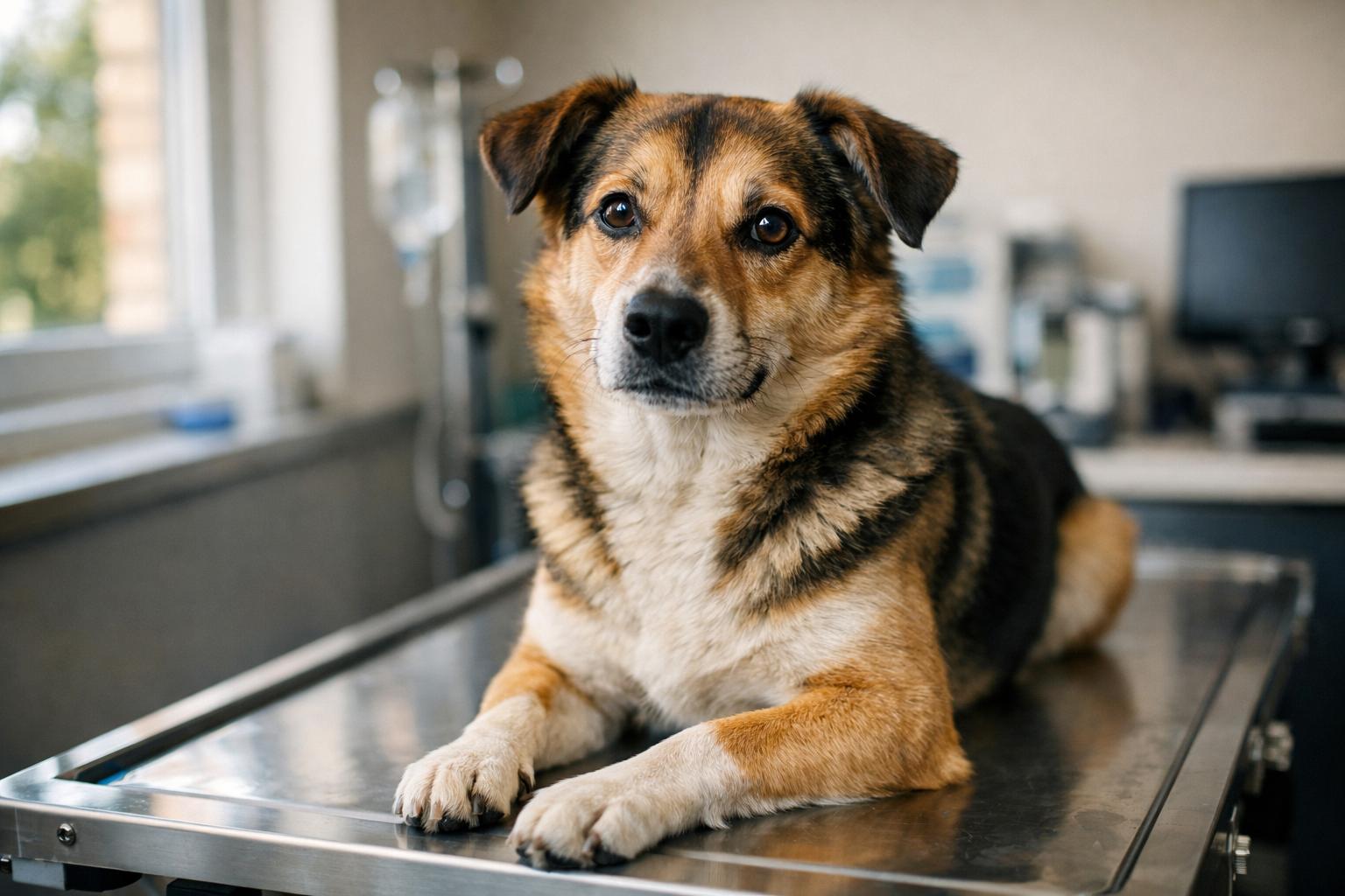 Mixed-breed dog sitting calmly on a veterinary exam table under natural light