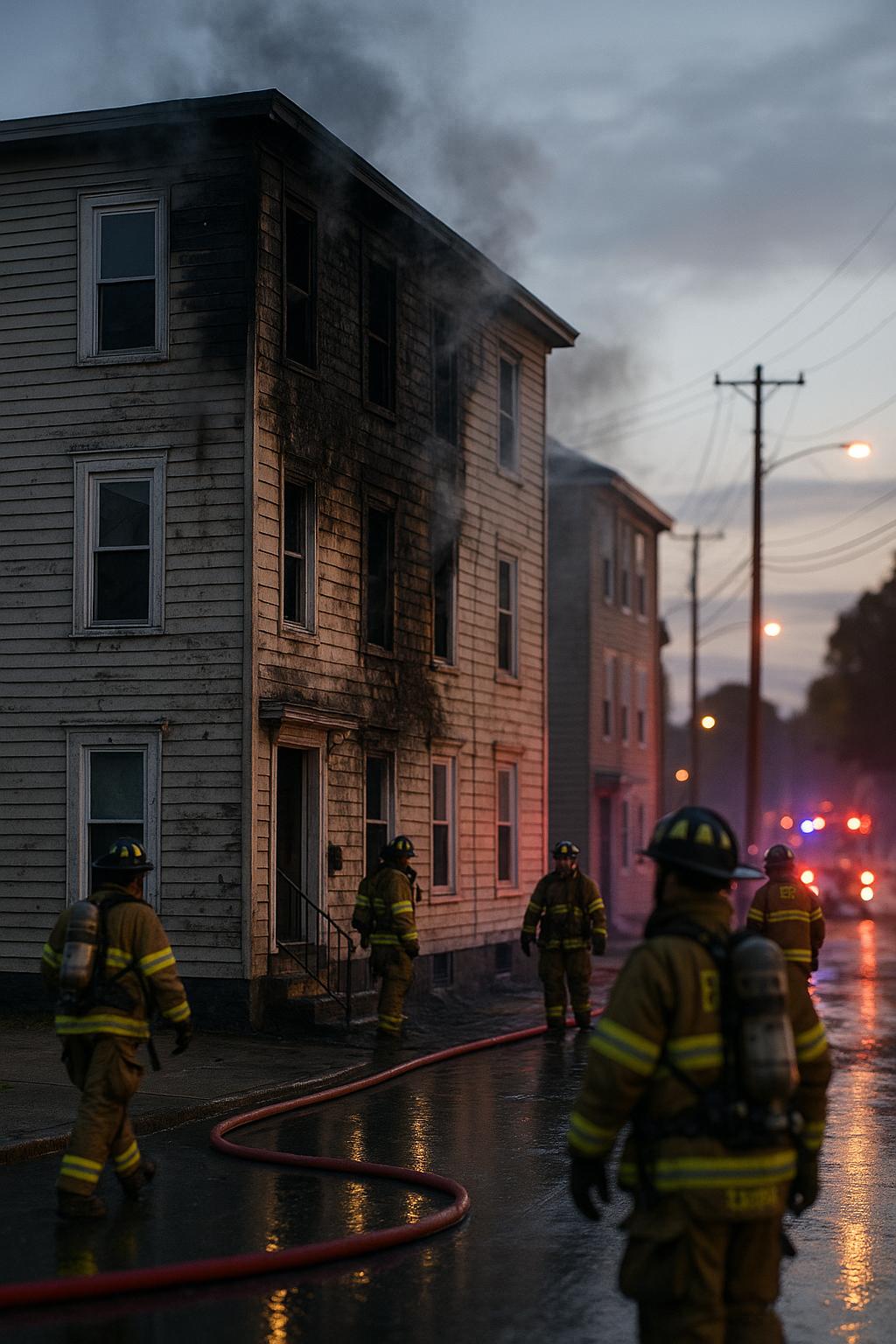 Fire-damaged three-unit apartment building at dawn with firefighters on scene