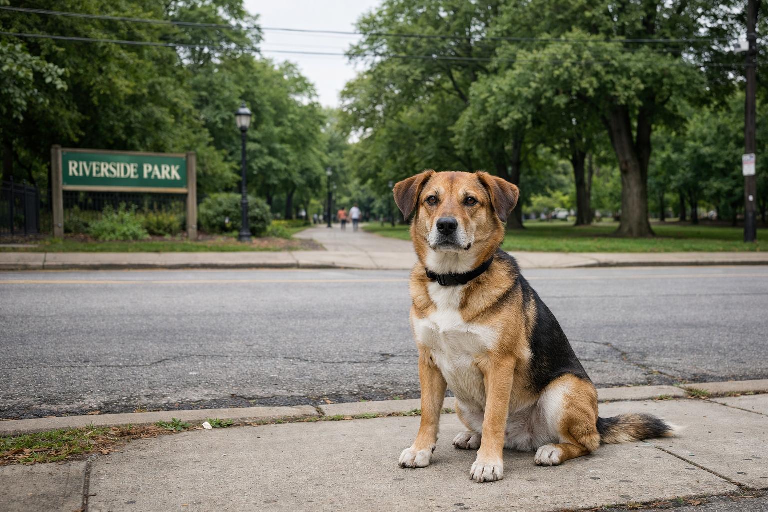 Medium-sized mixed-breed dog sitting on a sidewalk with Cottonwood Park and trees in the background