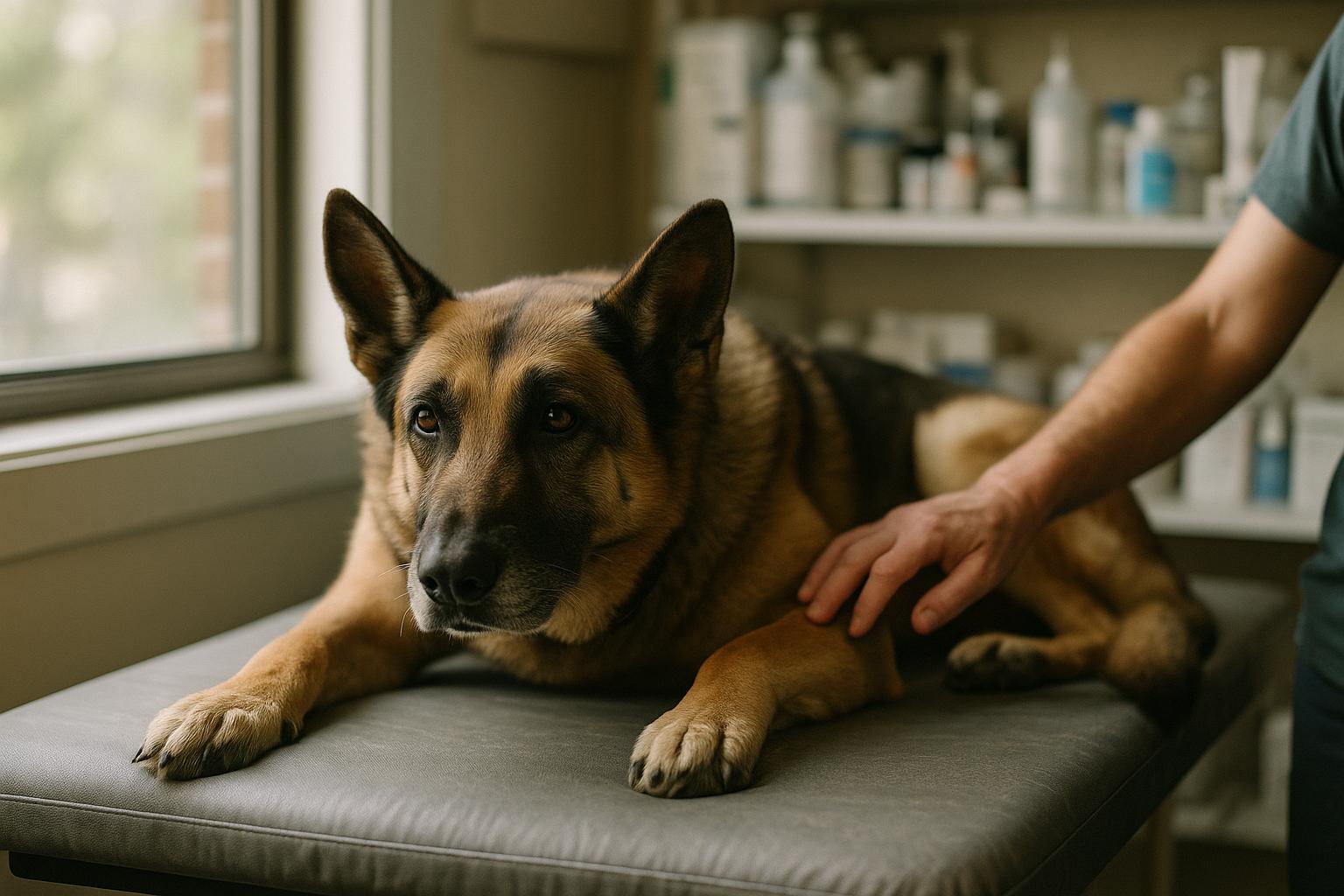 A retired police K-9 resting on a padded table in a nonprofit clinic, calm and alert.