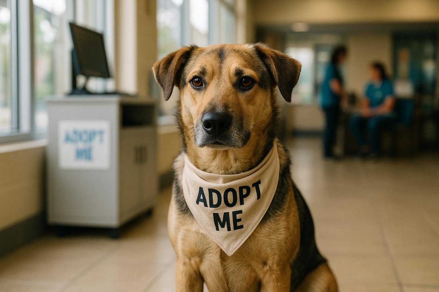 Mixed-breed dog in a shelter adoption area, photographed in natural light
