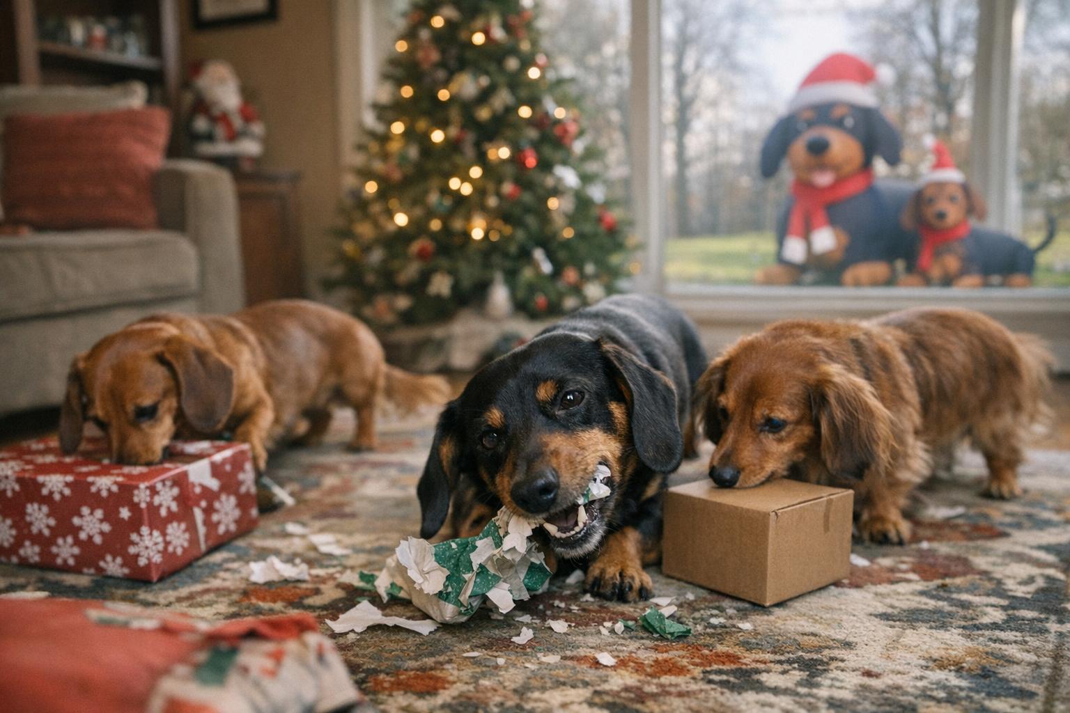 Four Dachshunds in a festive suburban living room surrounded by torn wrapping paper and gifts, natural light through a window with holiday decorations visible outside.