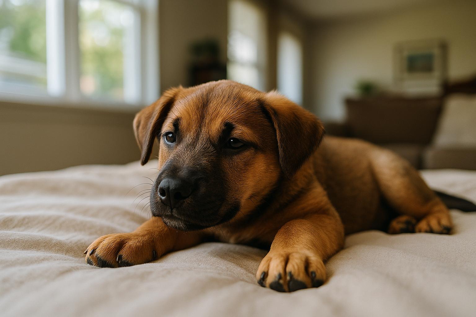 A relaxed mixed-breed puppy resting on a soft bed in a quiet living room, natural window light.