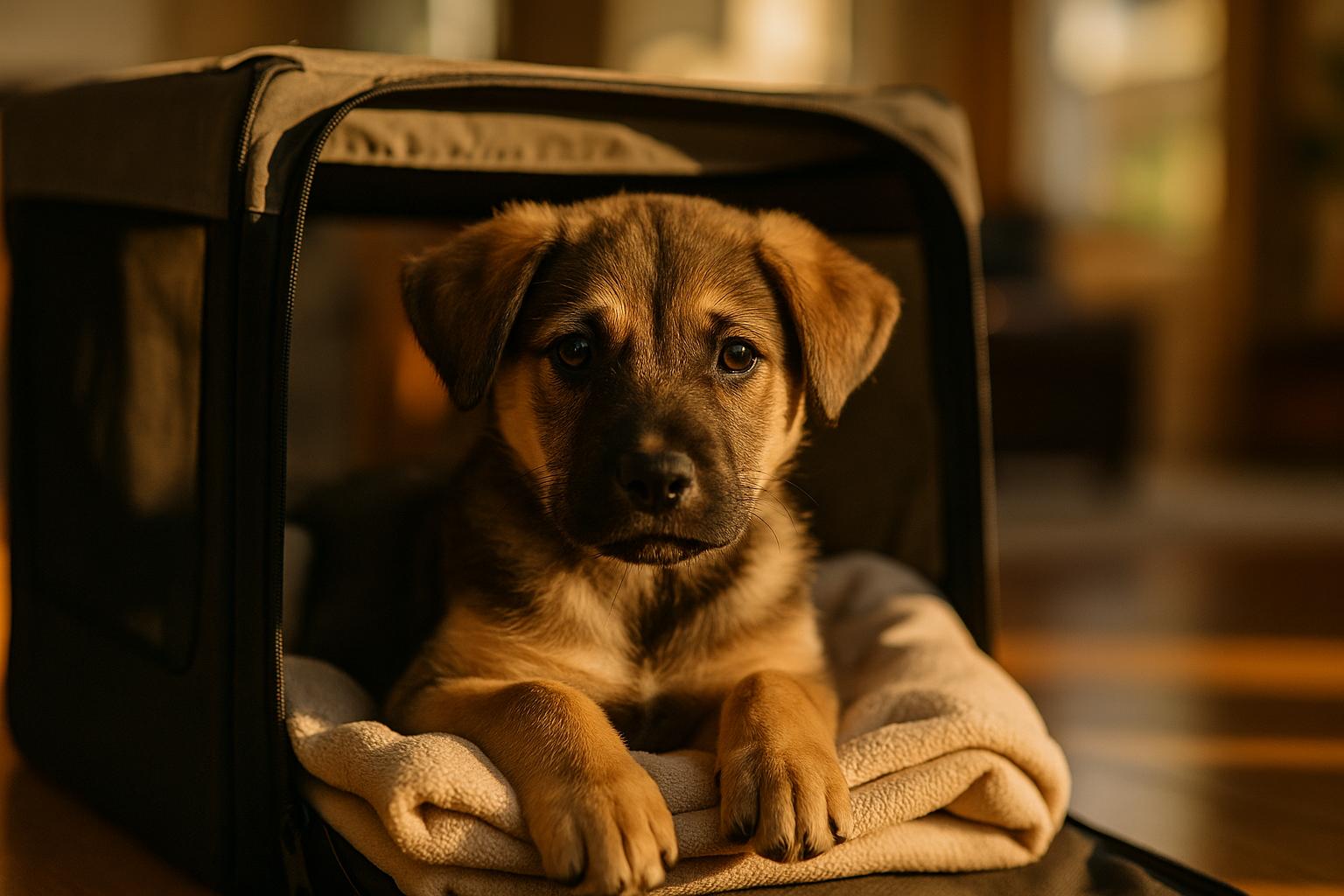 Puppy resting in a crate in a living room, golden hour light