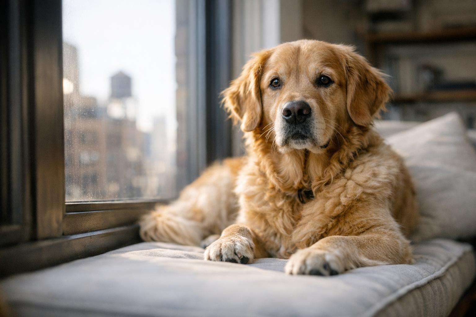 Finnegan Mary Reynolds, an 8-year-old Golden Retriever, sitting on a window seat in a New York City apartment