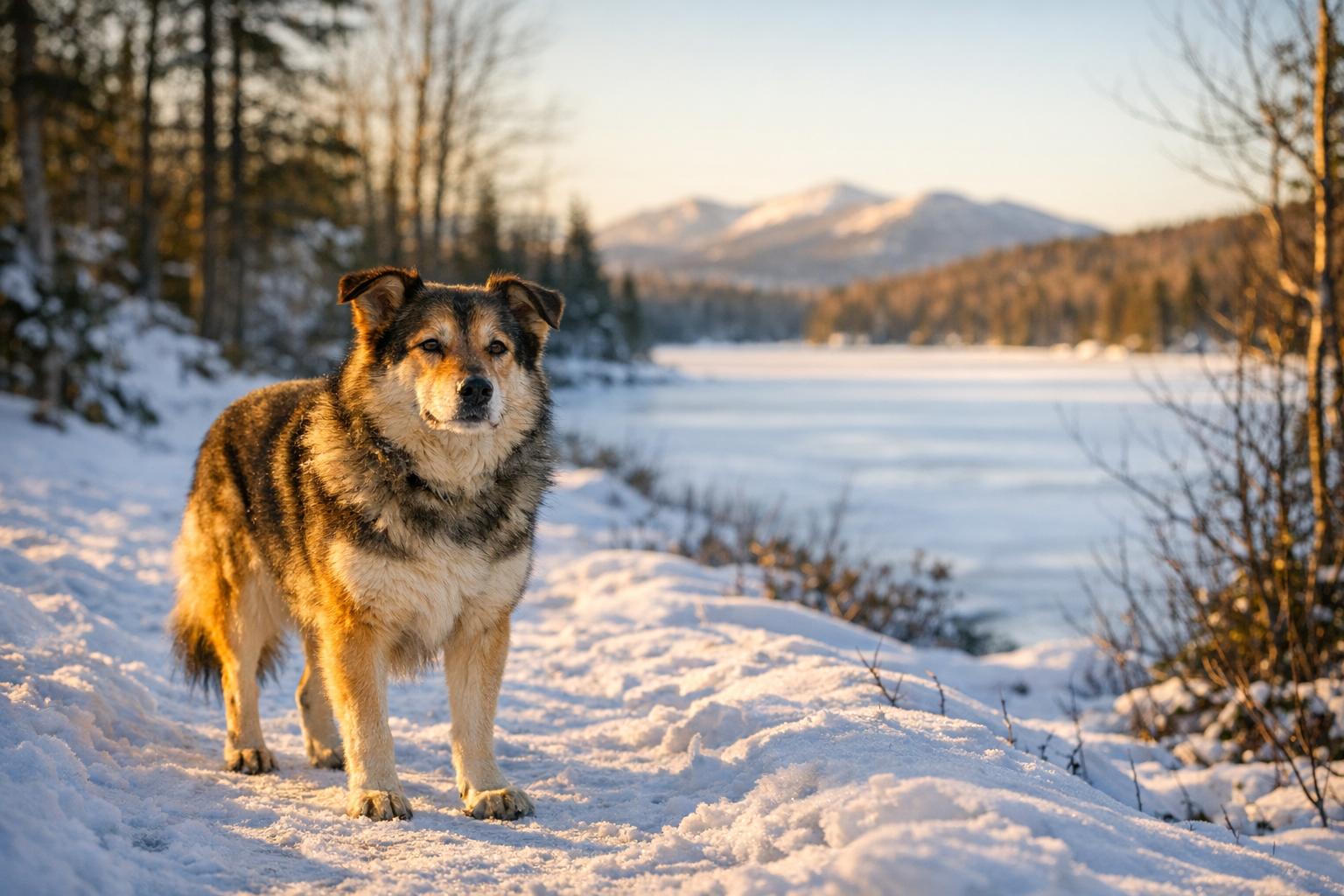 A mixed-breed dog with a thick winter coat on a snowy trail in the Adirondacks at golden hour.