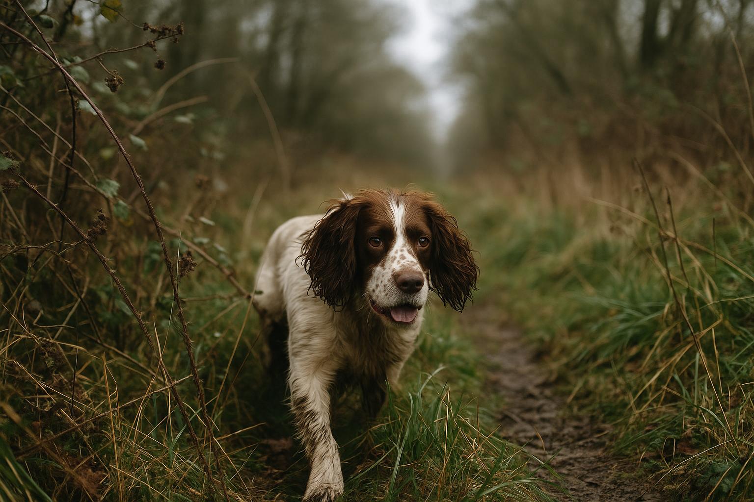 A flushing dog moving through brambles and tall grass on a wooded trail during training