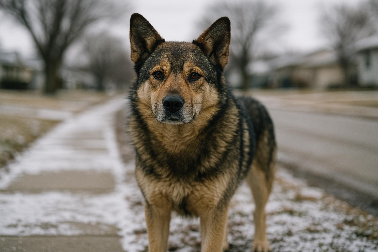 Medium-sized mixed-breed dog standing on a snow-dusted suburban sidewalk in soft overcast light