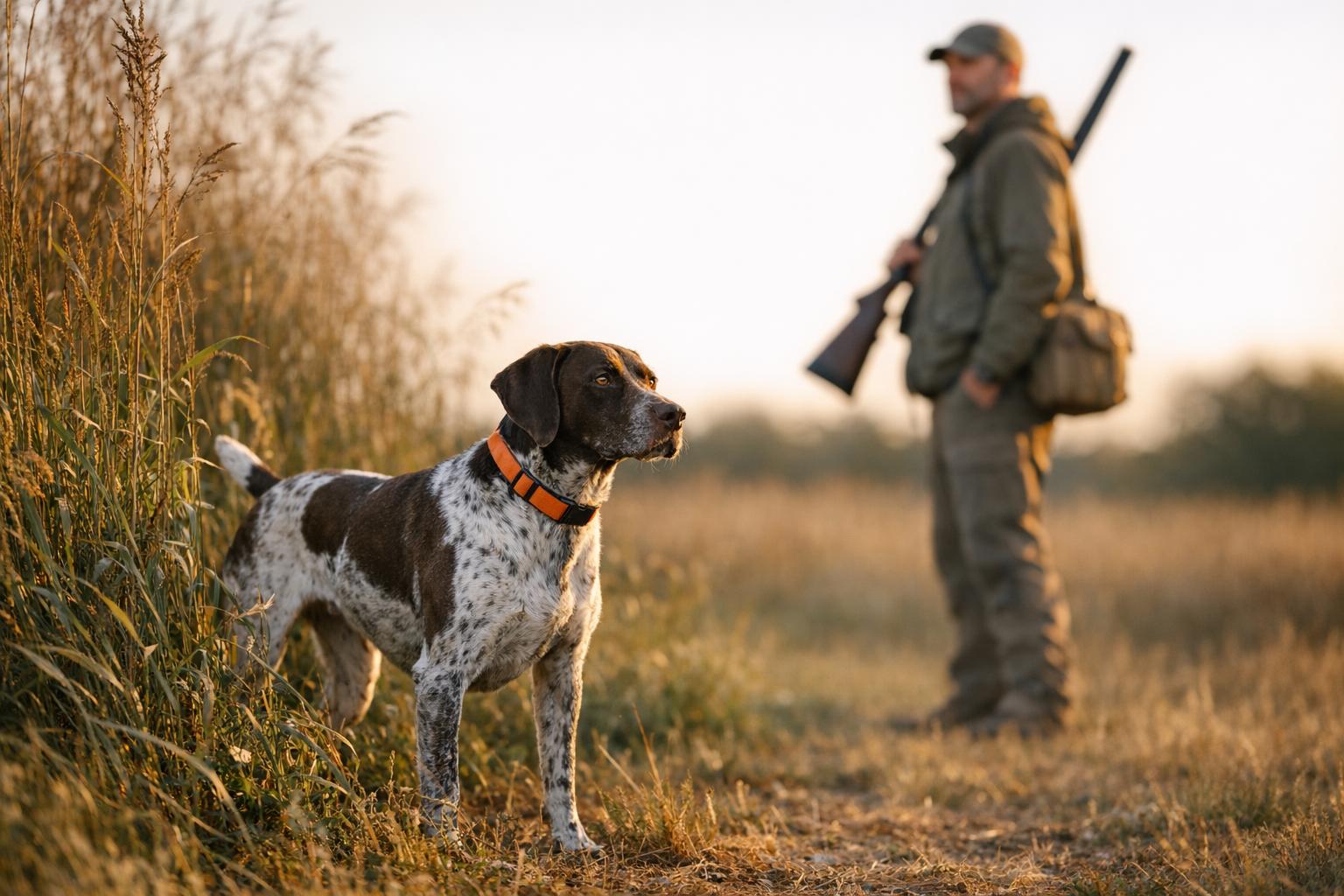 A hunting dog standing alert in a rural field at golden hour with its trainer in the background