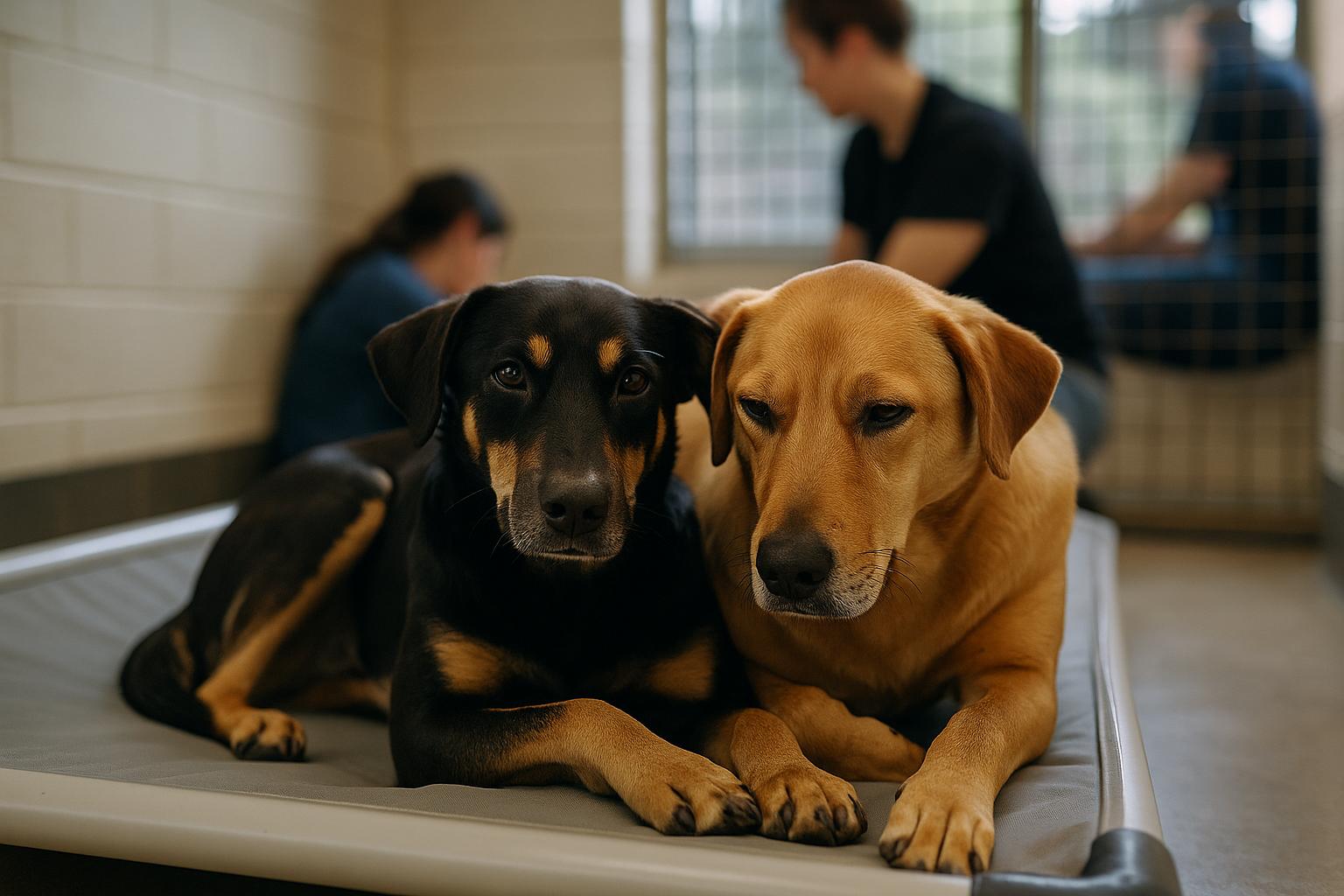 Two rescued dogs resting together in a rehabilitation kennel at Taurus Academy in Austin, Texas.