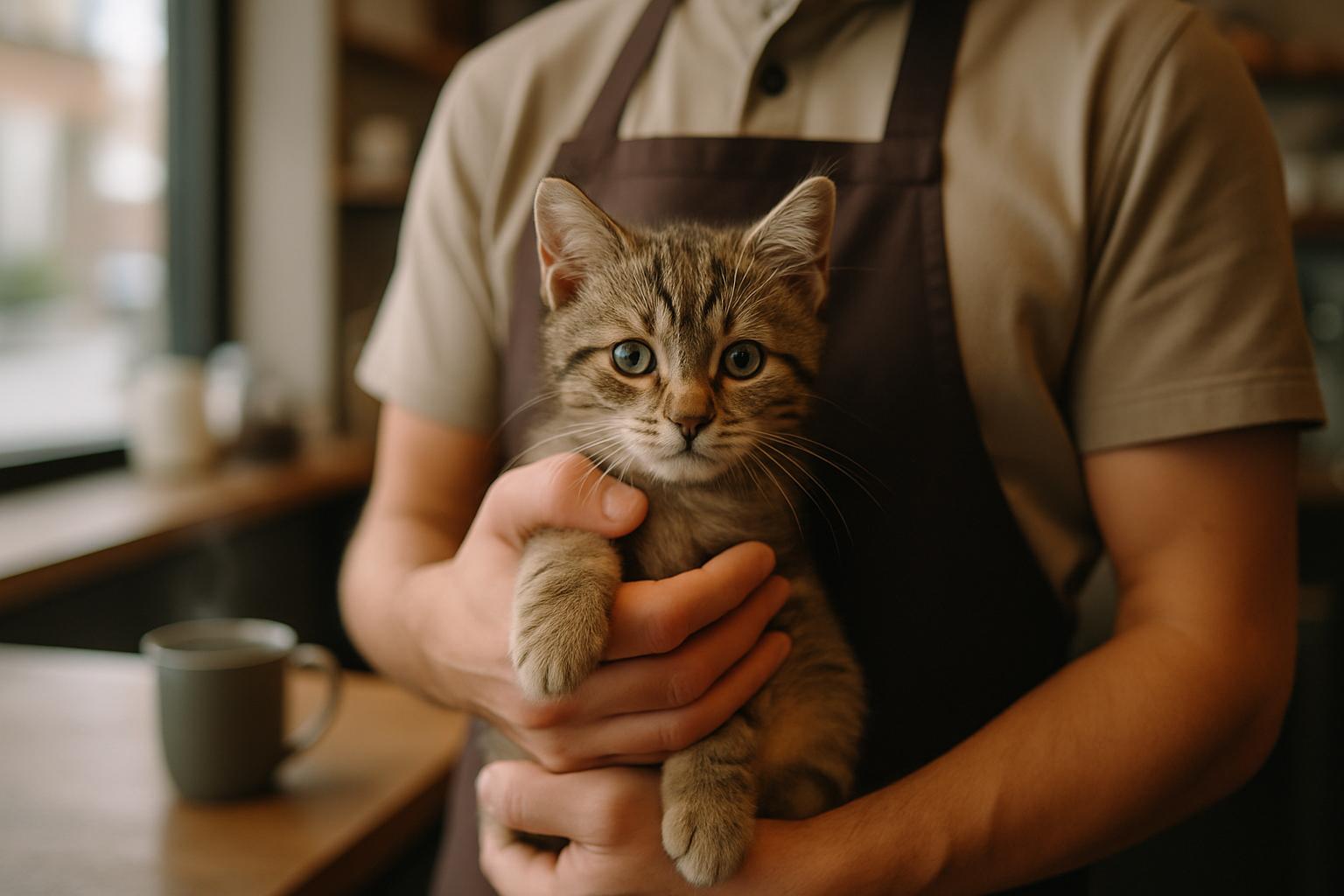 Café manager holding a friendly kitten inside Next Chapter Café, soft window light and a steaming mug on the counter