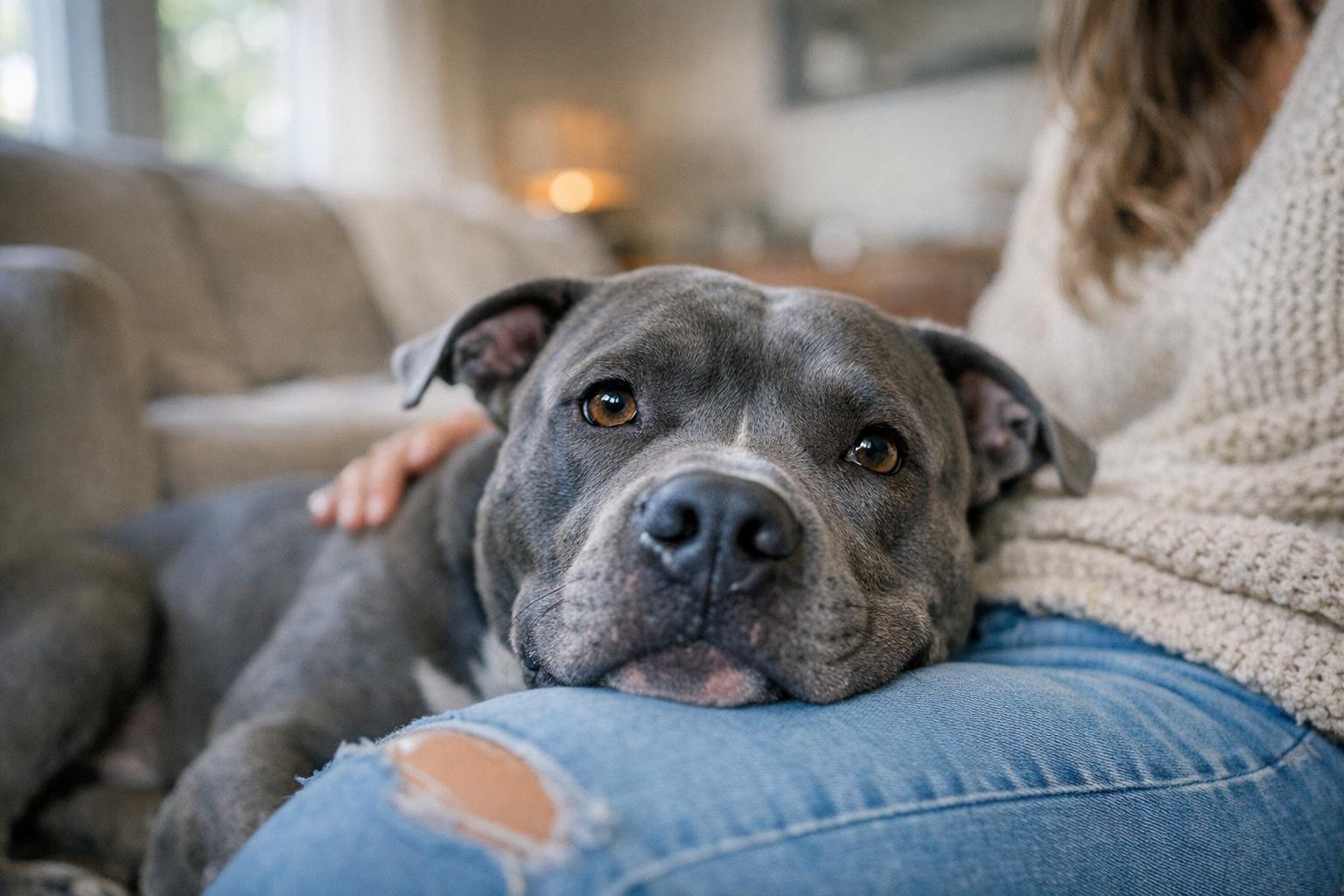 Blue nose pit bull resting its head on owner's lap, looking relaxed and trusting