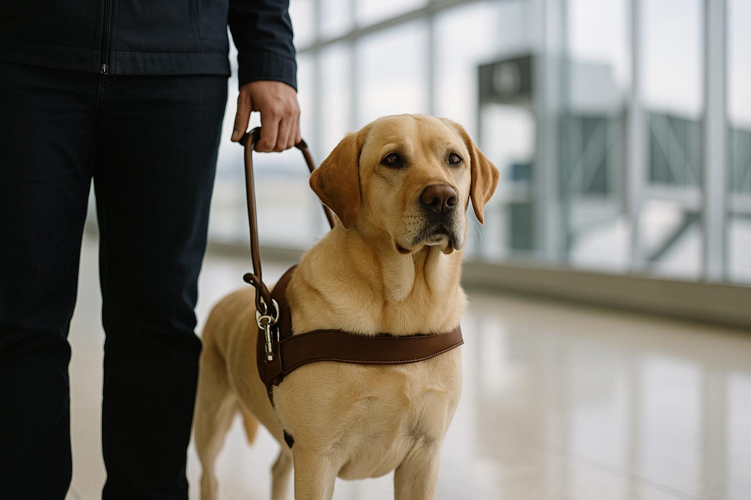 Ralph, a guide dog in training, standing beside his handler near a boarding gate at St. Pete–Clearwater International Airport