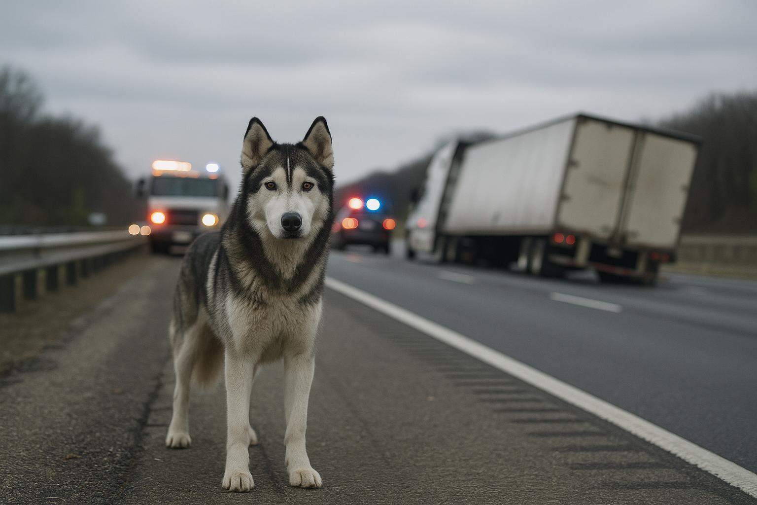 A husky stands on the shoulder of an interstate with an overturned trailer and emergency vehicles in the background
