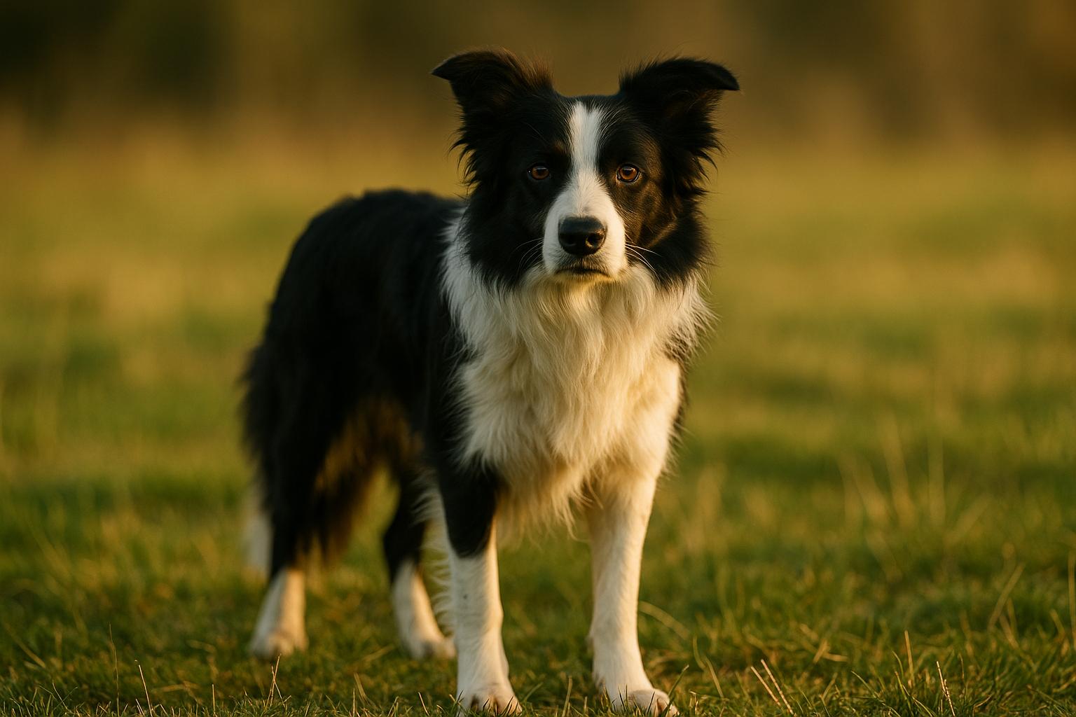 Border Collie standing alert in a grassy field during golden hour, showing attentive expression and clear fur texture