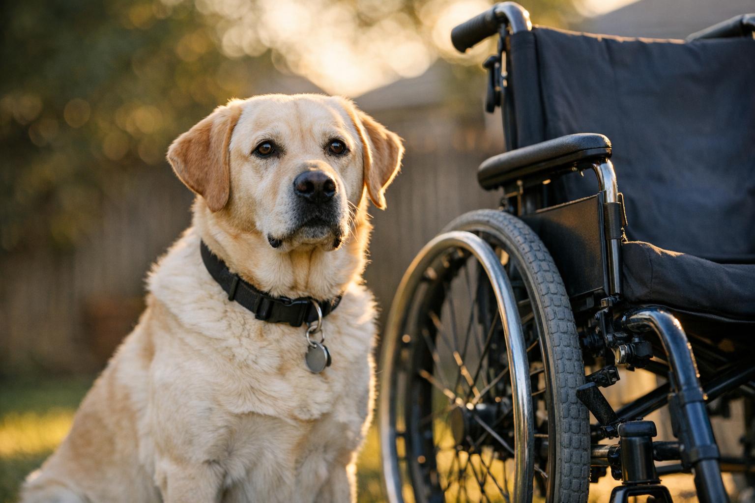 Labrador Retriever sitting alert next to a wheelchair in a suburban backyard during golden hour