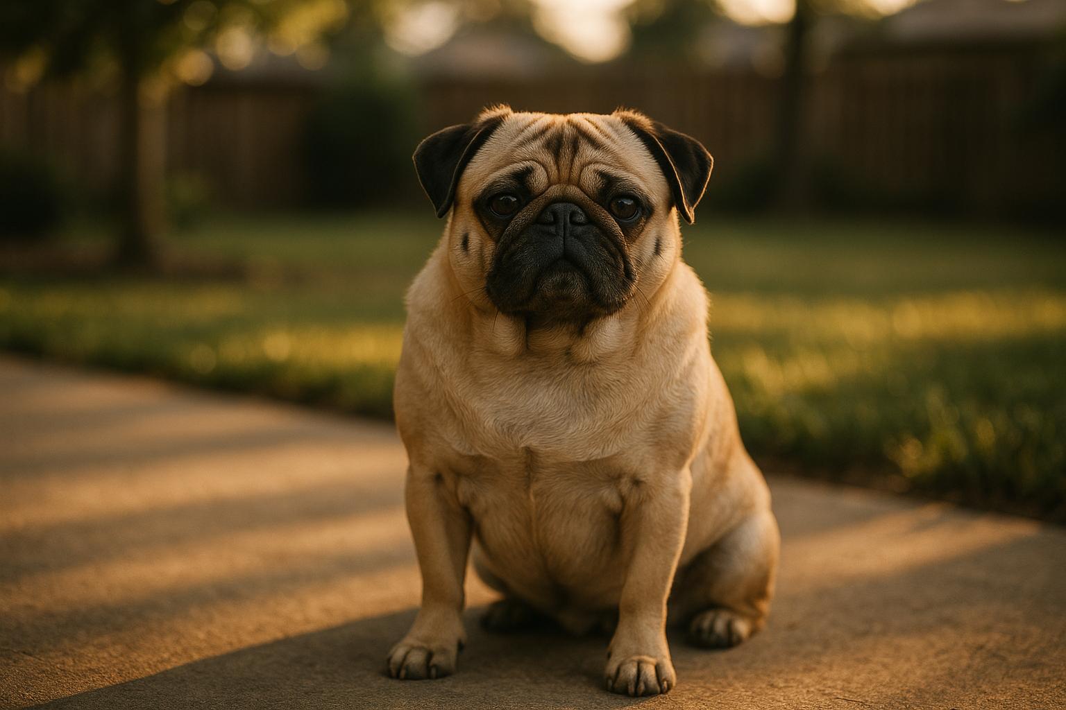 A relaxed flat-faced dog (brachycephalic) sitting on a shaded suburban patio in golden hour light