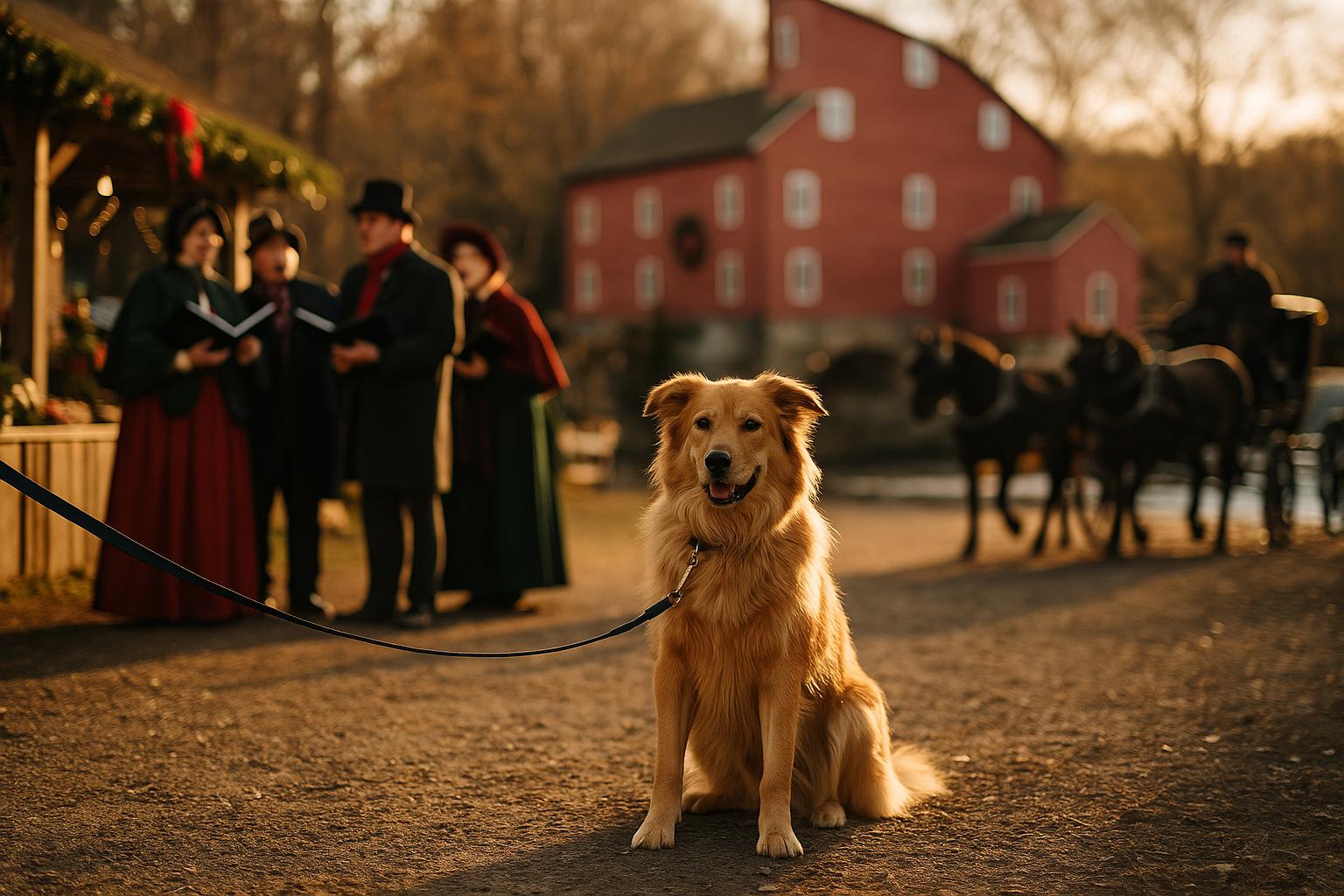 A dog on a leash at a Victorian-style holiday market with carolers and a horse-drawn carriage near a red mill