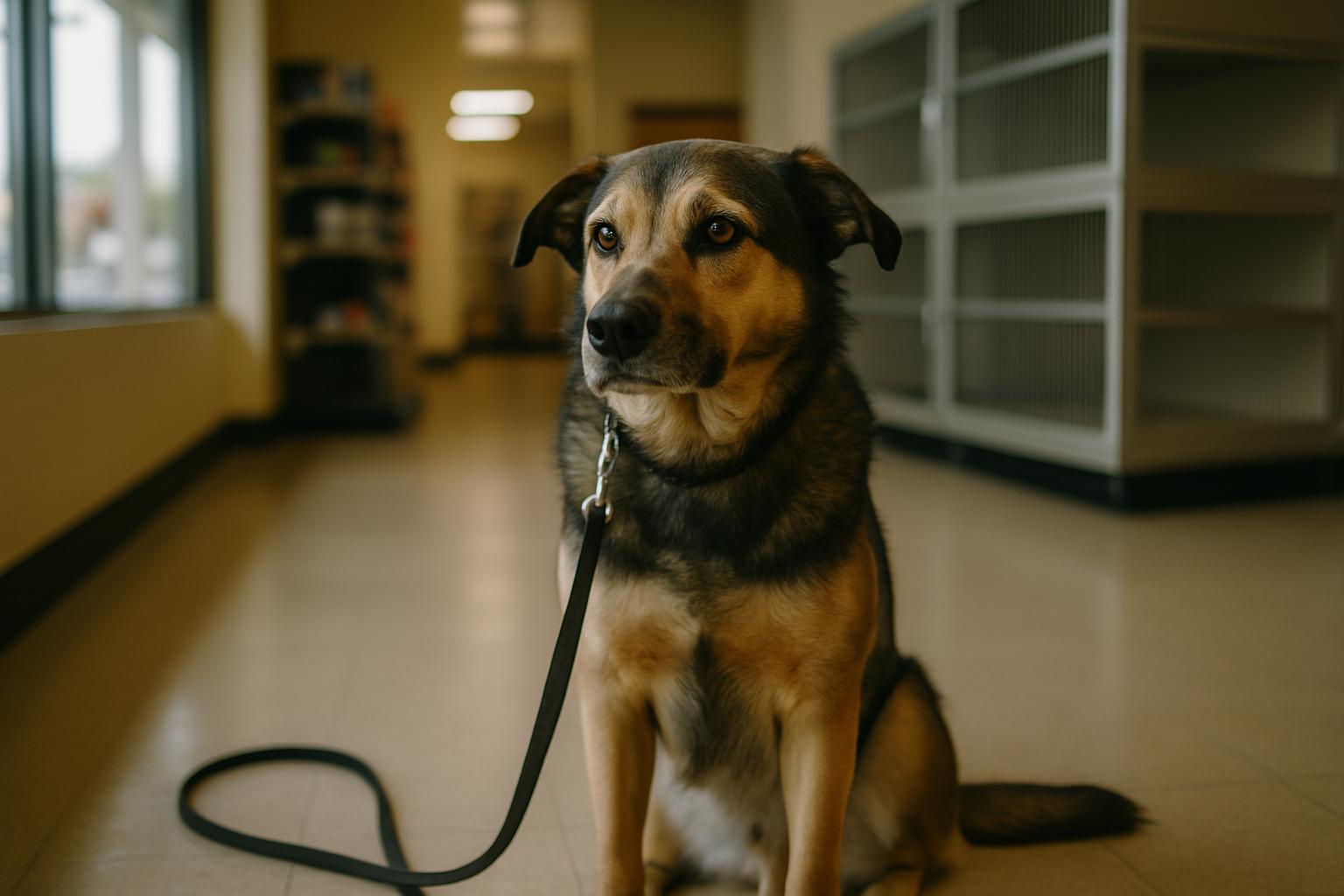 Mixed-breed dog on a leash inside a pet store, soft natural light, documentary-style photo.