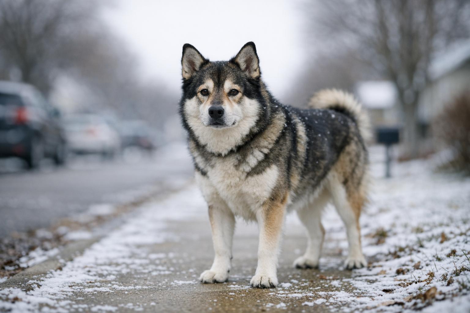 Medium-sized double-coated dog standing on a snowy suburban sidewalk in soft morning light