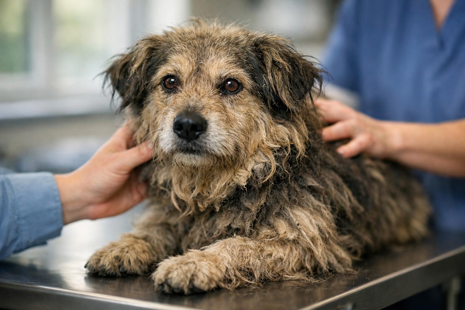A matted, medium-sized mixed-breed dog on an exam table at a veterinary clinic, calm and alert
