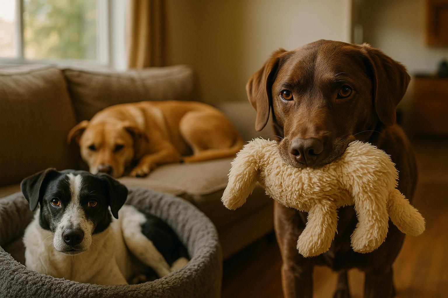 Three adult family dogs in a living room: one curled on a sofa, one in a soft bed, and one carrying a large fluffy toy.