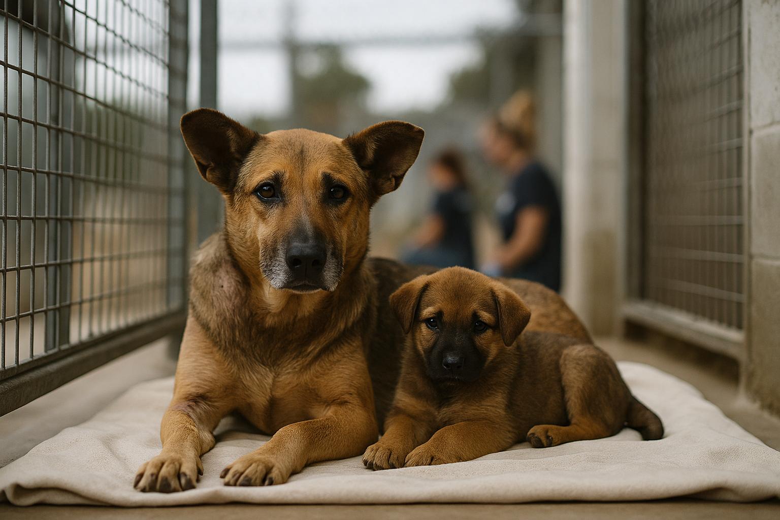 A mixed-breed adult dog and a puppy resting on clean bedding inside a shelter kennel, calm and alert with natural fur texture