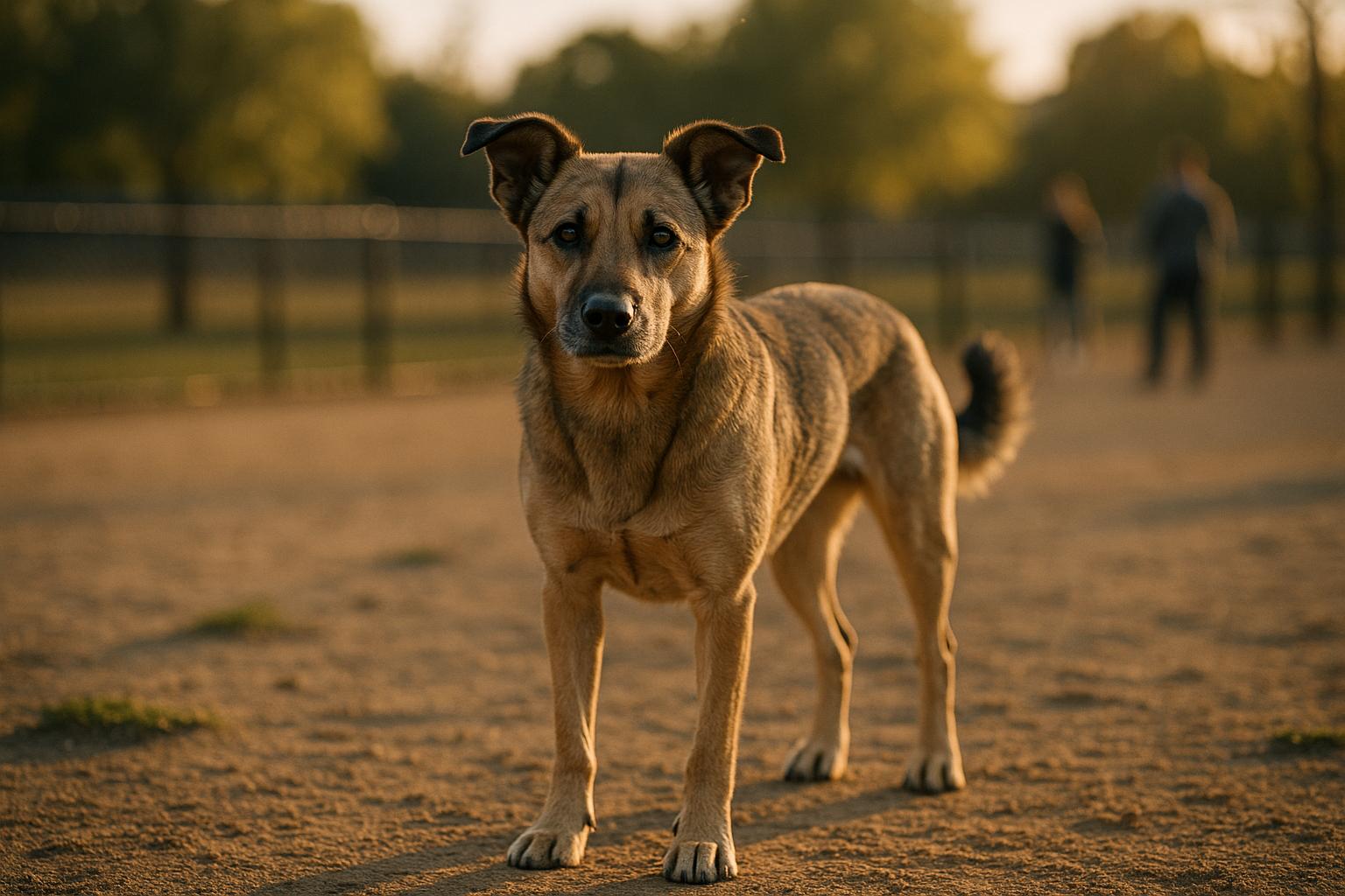 Mixed-breed dog standing alert in Canine Club Dog Park during golden hour, trainers and fence blurred in background