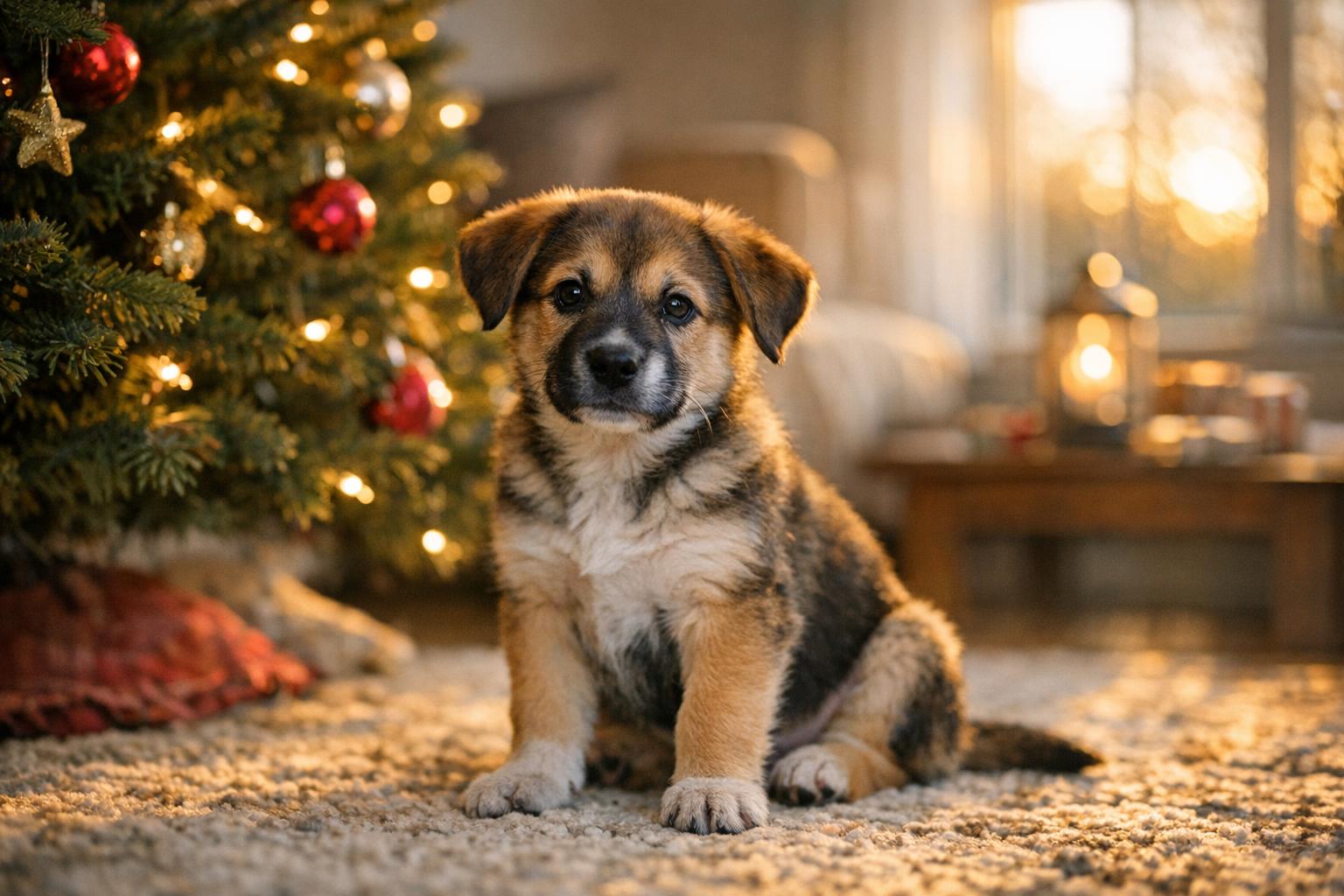 Mixed-breed puppy sitting on a living room rug beside a decorated holiday tree, bathed in warm late afternoon light.