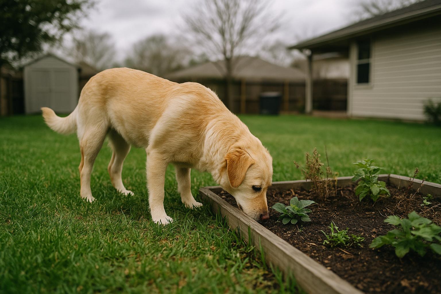 Lala, a 5-year-old dog, sniffing and exploring a backyard lawn