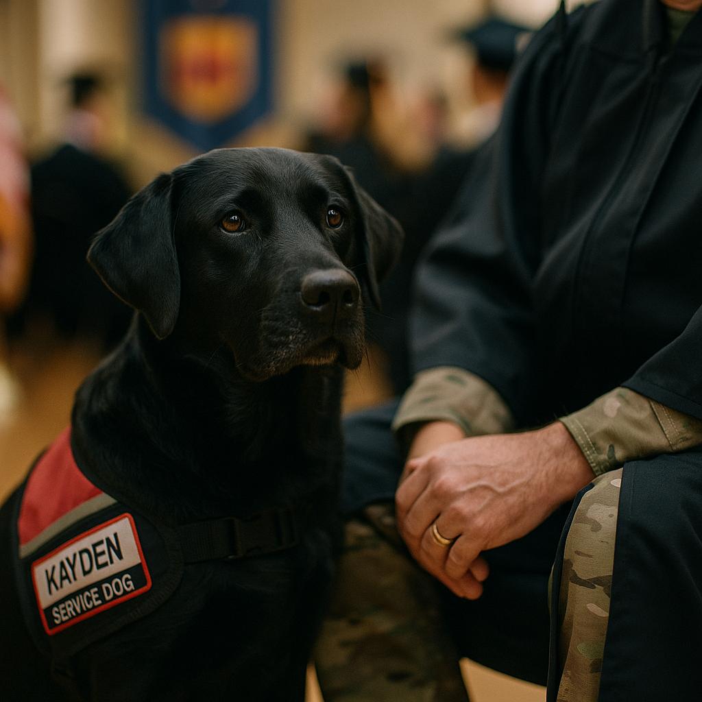 Black Labrador Retriever service dog sitting beside veteran at a graduation ceremony, Vancouver, Washington.