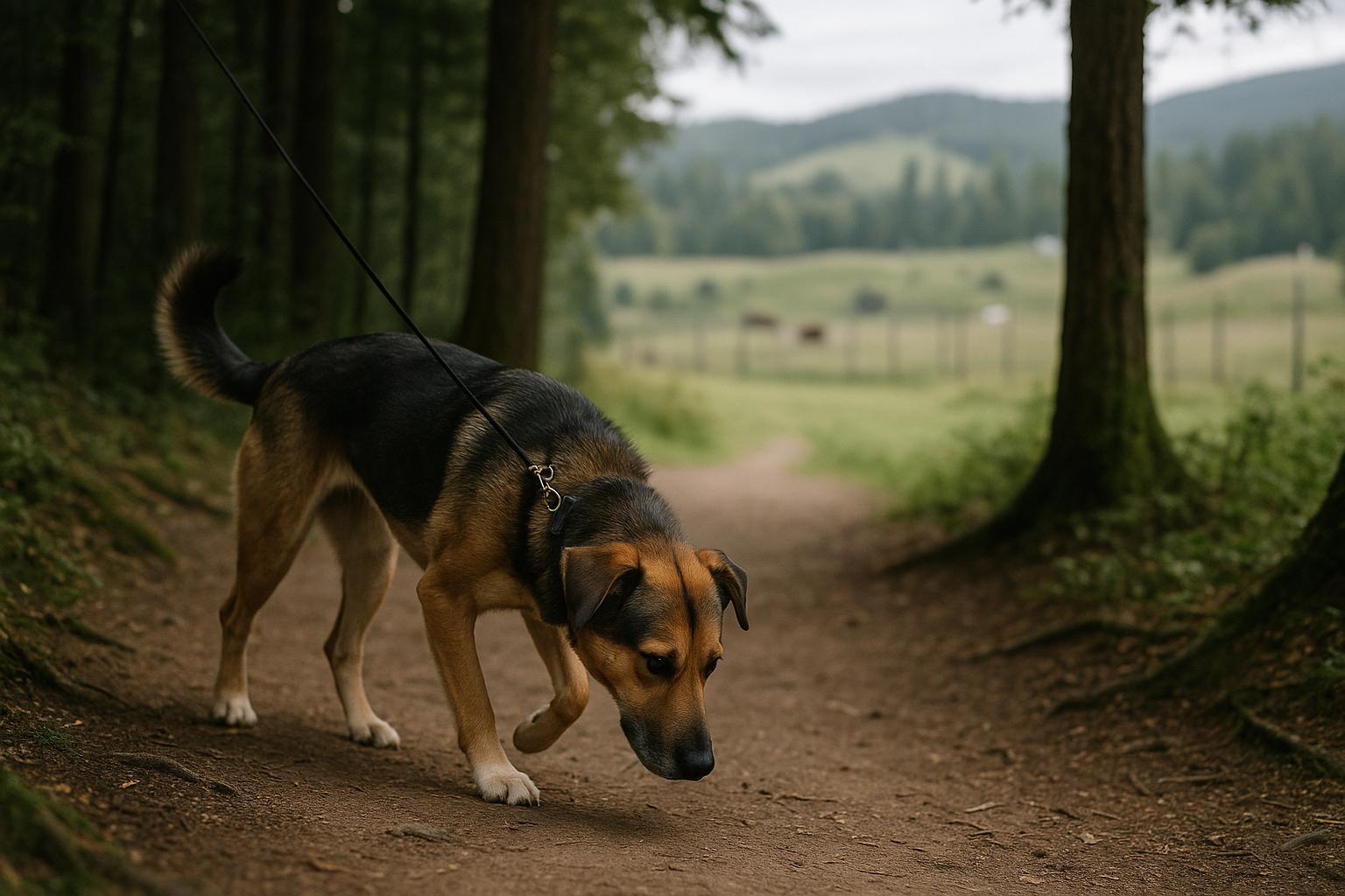 A leashed mixed-breed dog pauses on a shaded forest trail at Northwest Trek Wildlife Park, with open grassland and naturalistic enclosures visible in the distance.