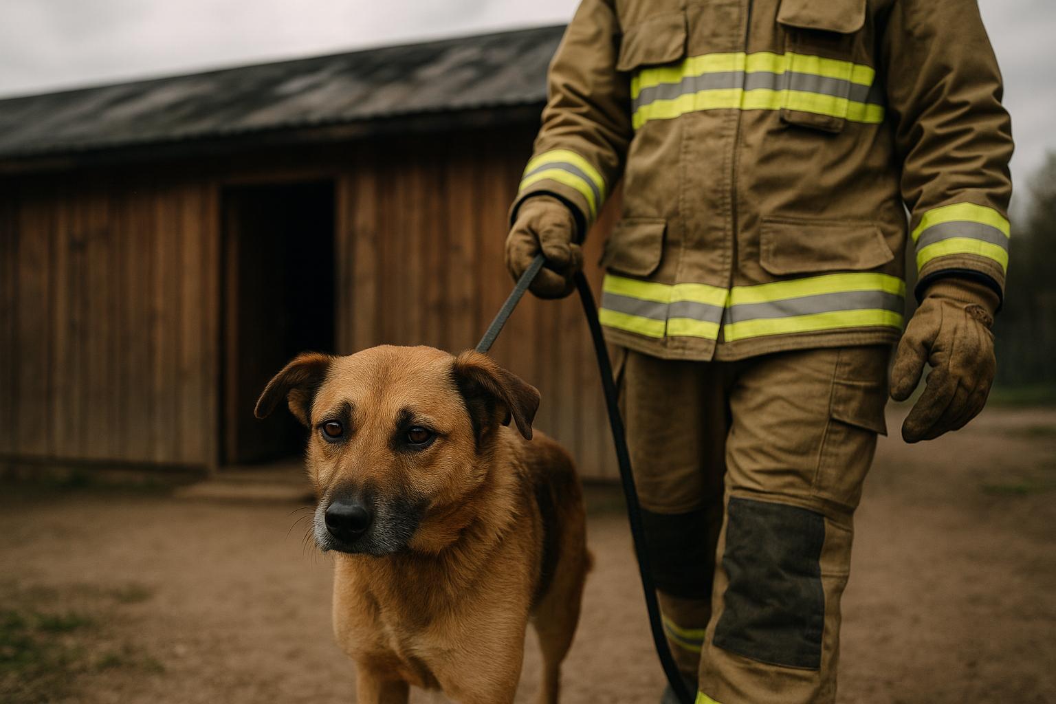 A mixed-breed dog being led from a kennel by a firefighter in turnout gear, smoke-stained roof visible in the background.