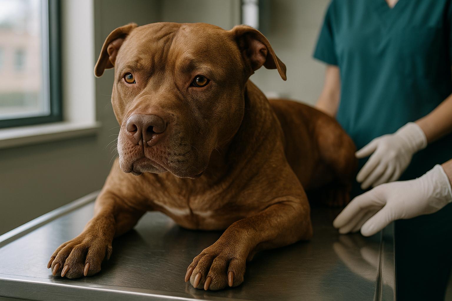 Large brown pit bull resting on an examination table in a veterinary clinic, calm and recovering