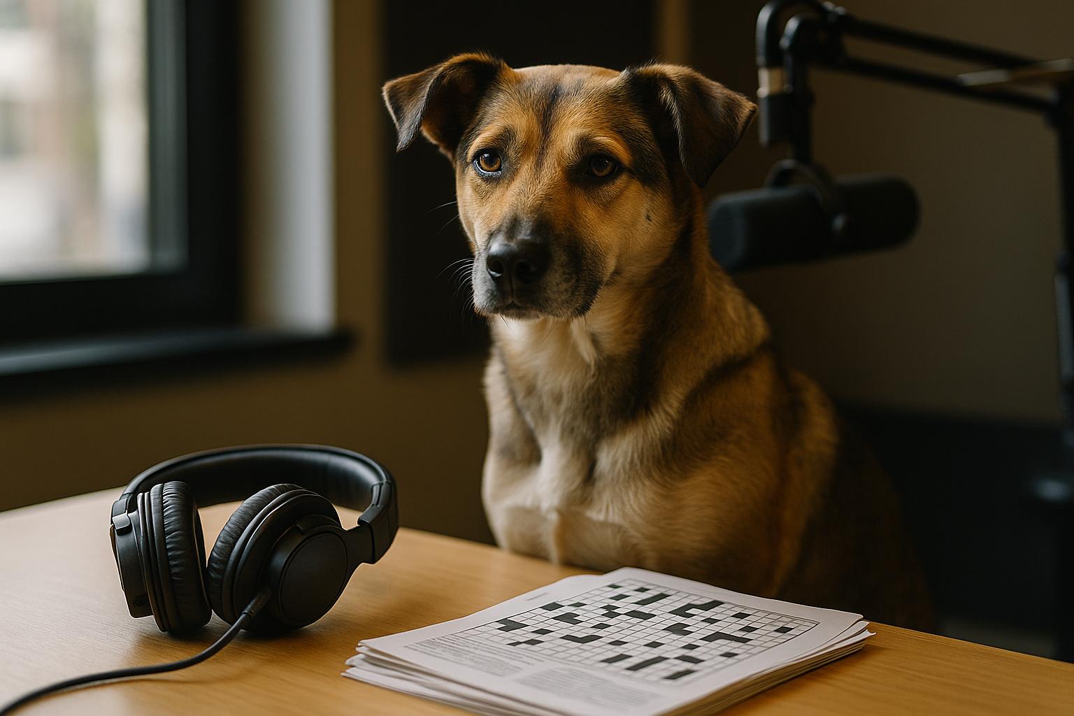 A mixed-breed dog sitting beside headphones and puzzle papers on a radio studio desk