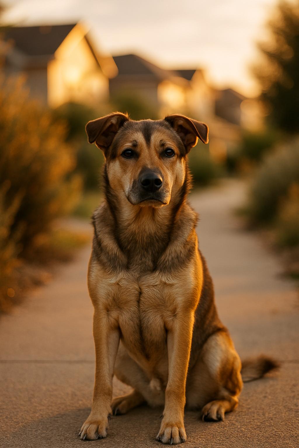 A medium-sized mixed-breed dog sitting on a suburban path at golden hour, photorealistic image.