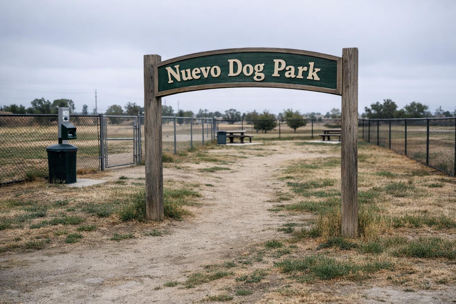 Entrance sign for Nuevo Dog Park in Santa Clara, empty pathways and benches under overcast sky