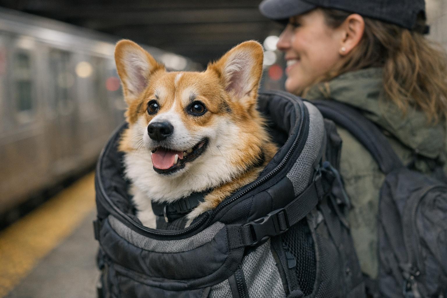 Maxine the corgi sitting in a sturdy dog backpack on a New York City subway platform, Reisberg smiling behind her.