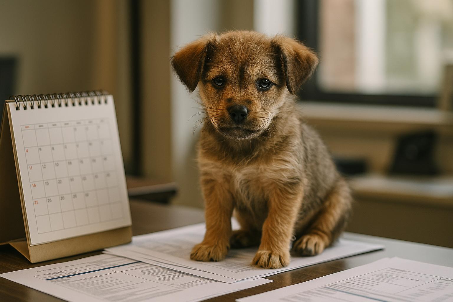 A small mixed-breed puppy sits on an office desk beside a calendar and paperwork, bathed in natural window light.