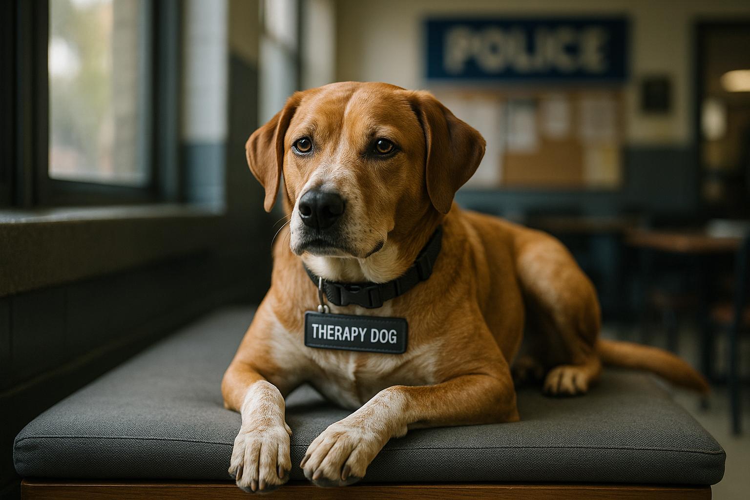 A medium-sized brown-and-white therapy dog resting on a bench inside a police precinct break room, natural light, documentary-style
