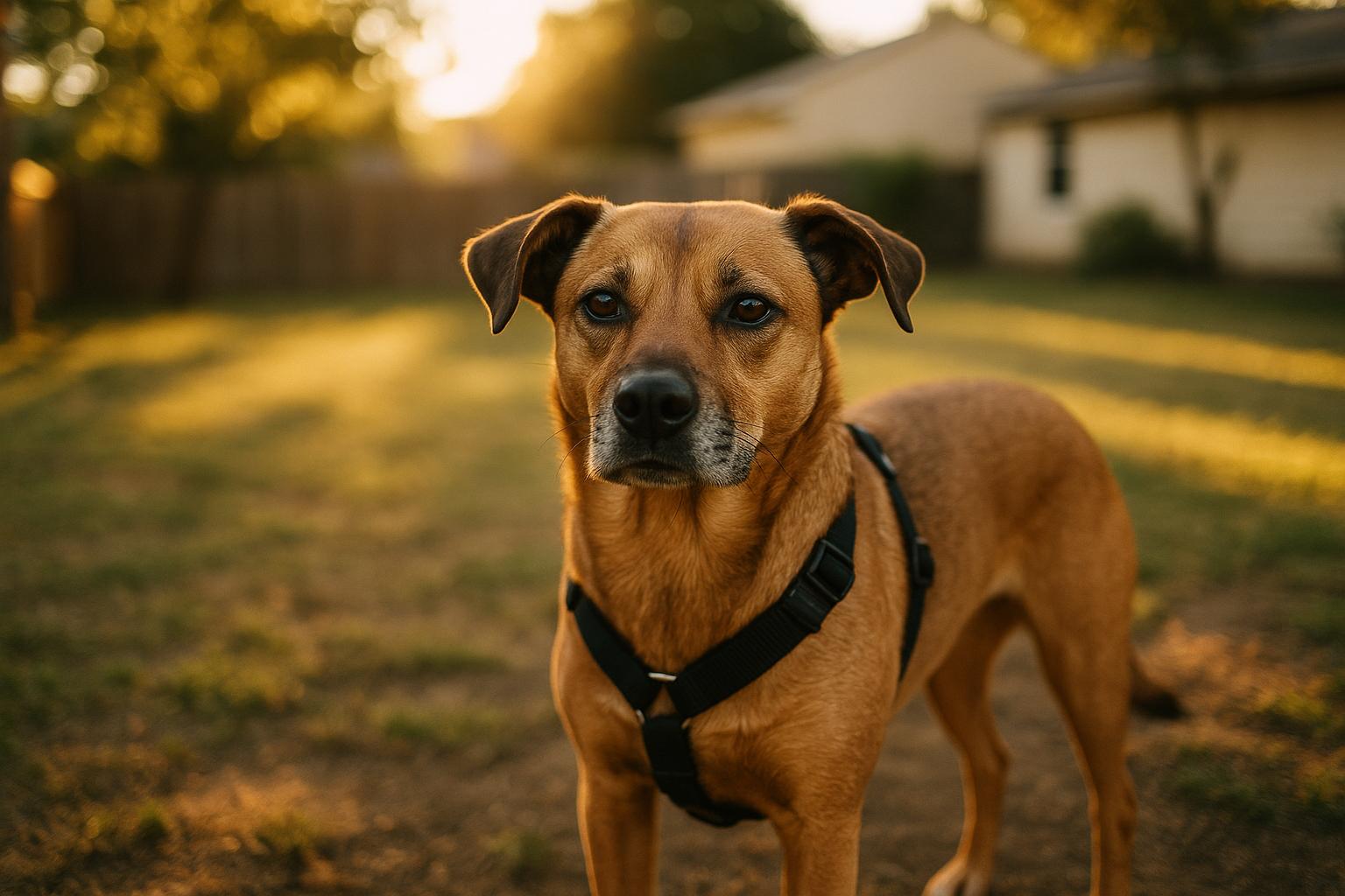 Medium-sized brown mixed-breed dog wearing a well-fitted step-in harness in a backyard at golden hour