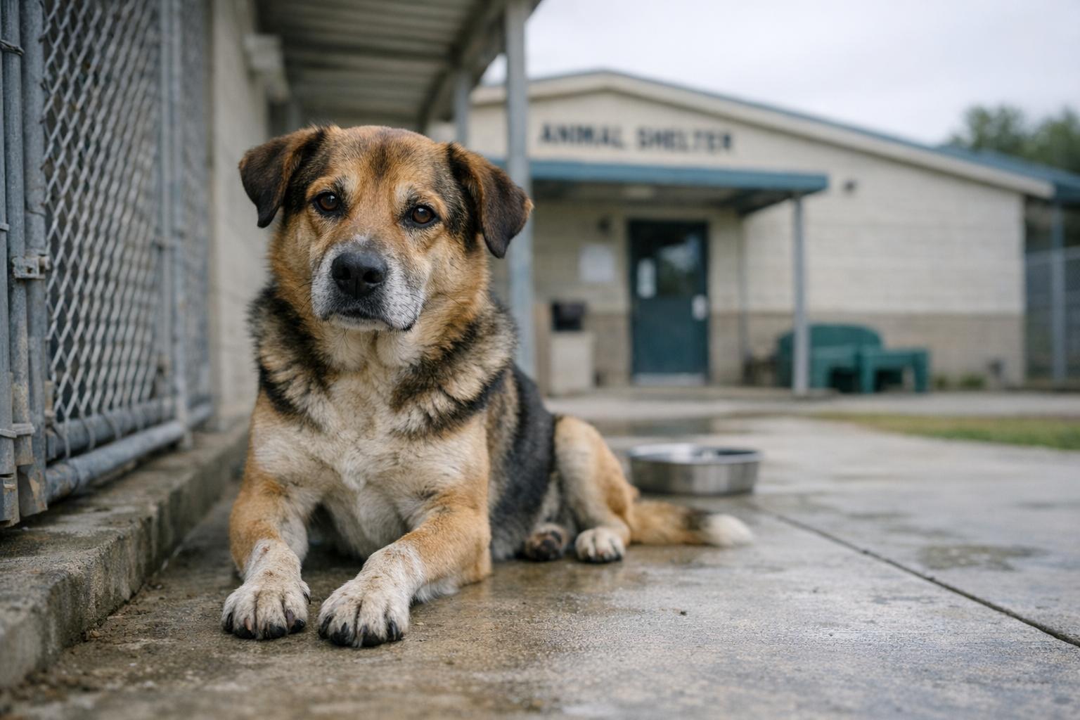 A medium mixed-breed shelter dog sits on a kennel porch outside the county animal shelter under soft overcast light.
