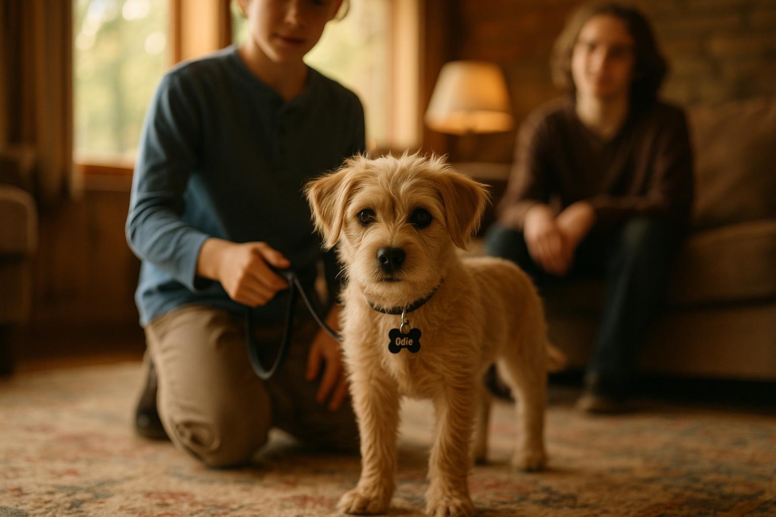 Odie, a small wavy-furred puppy, sitting alert in a countryside living room as a 10-year-old holds his leash and a teenage sibling watches