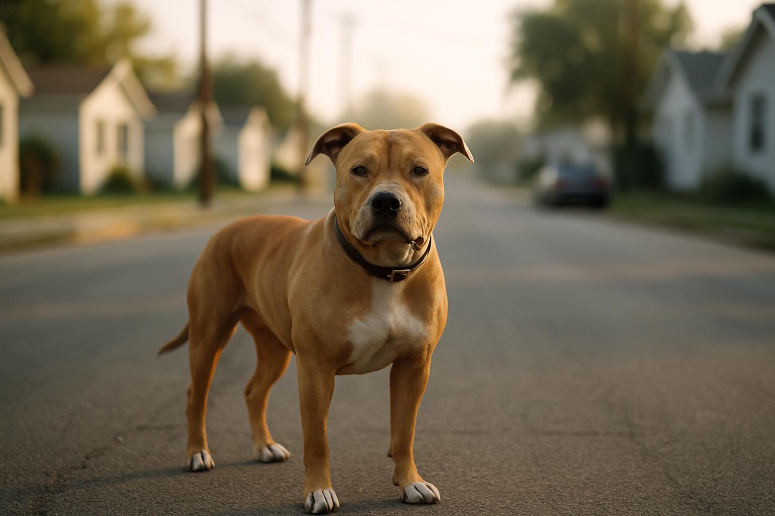 A pit bull-type dog standing on a quiet suburban street in soft morning light